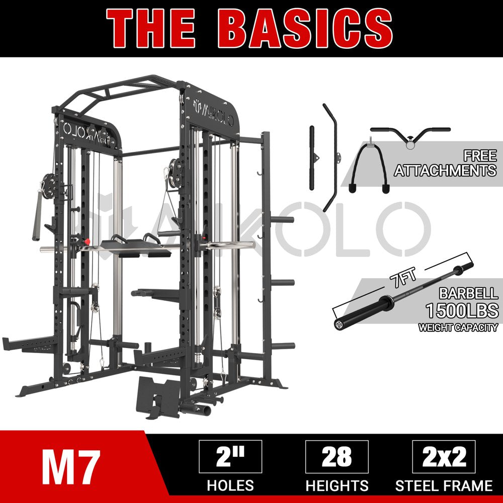 Smith Machine, All-In-One Power Rack Cage with Adjustable Cable Crossover, Vertical Leg Press and Smith Bar with 1500 Lbs Capacity Barbell Combo